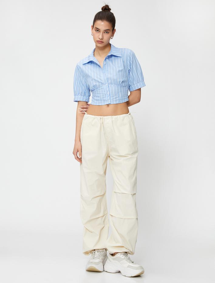  Crop Gömlek Balon Kollu Beli Korseli Düğmeli Pamuklu