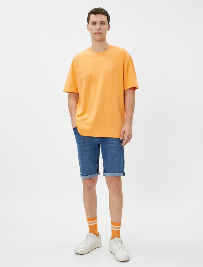  Bermuda Kot Şort Katlama Detaylı Düğmeli Cepli Pamuklu