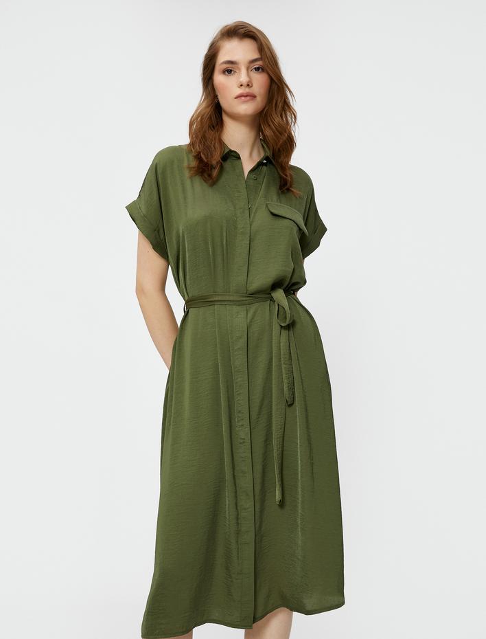  Oversize Midi Gömlek Elbise Kemerli
