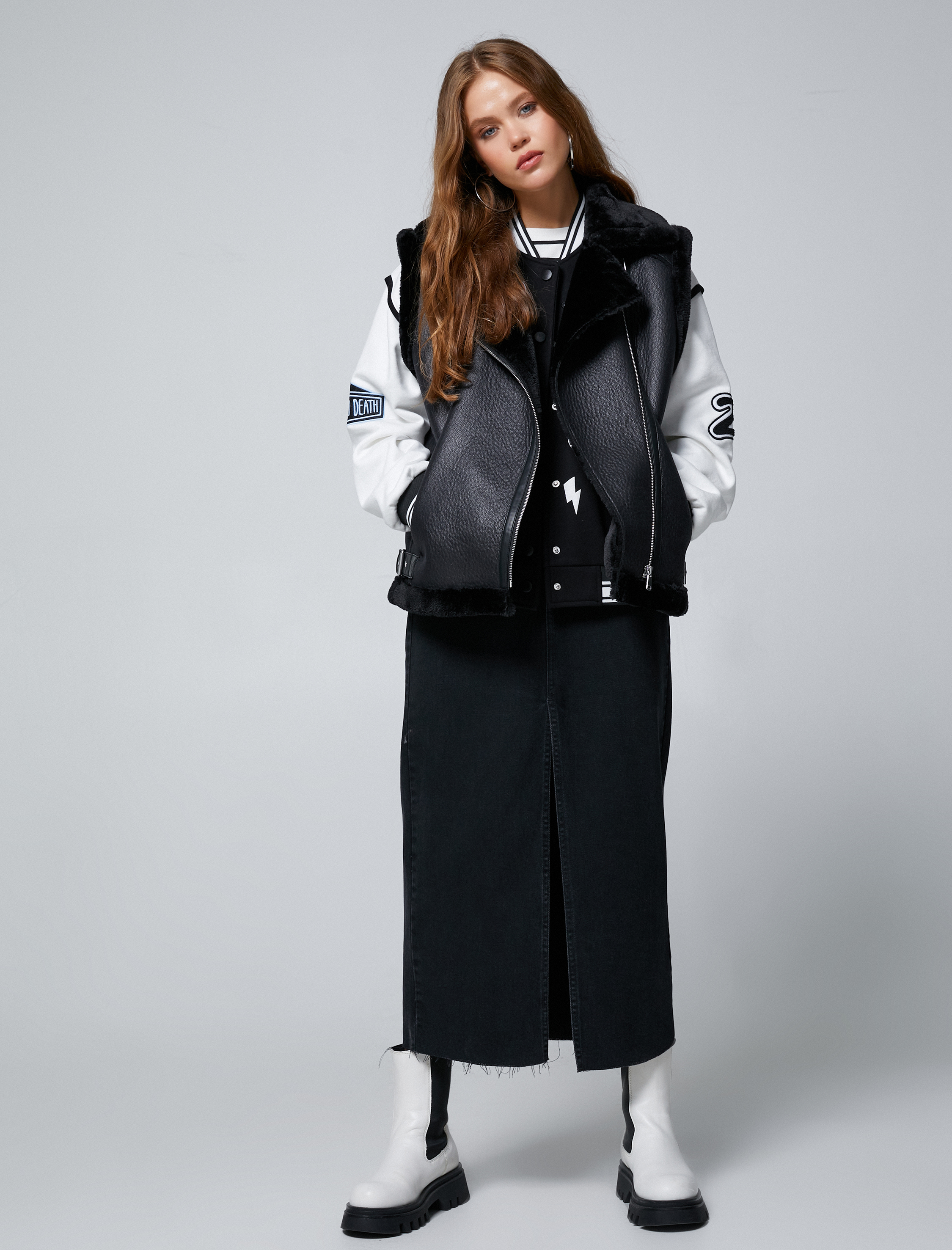   Suni Kürklü Yelek Deri Görümlü Fermuarlı Cep Detaylı