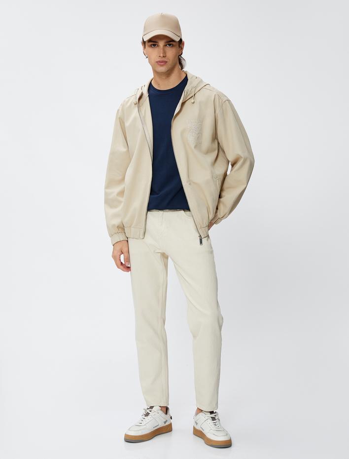  Kot Ceket Kolej İşlemeli Kapşonlu Fermuarlı Cepli Rahat Kesim