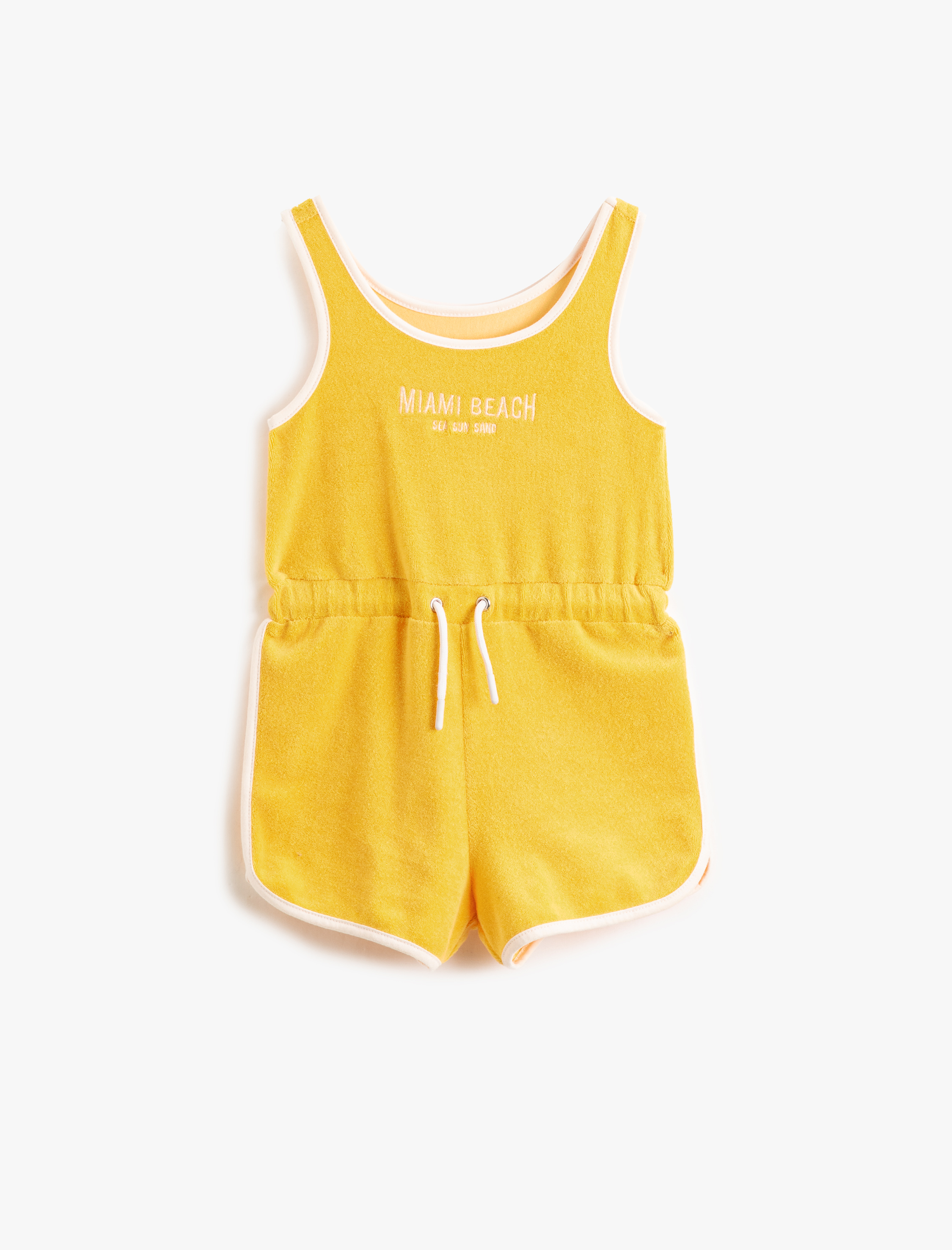  Kız Çocuk Şort Tulum Kolsuz Yuvarlak Yaka Havlu Kumaş Beli Bağlamalı