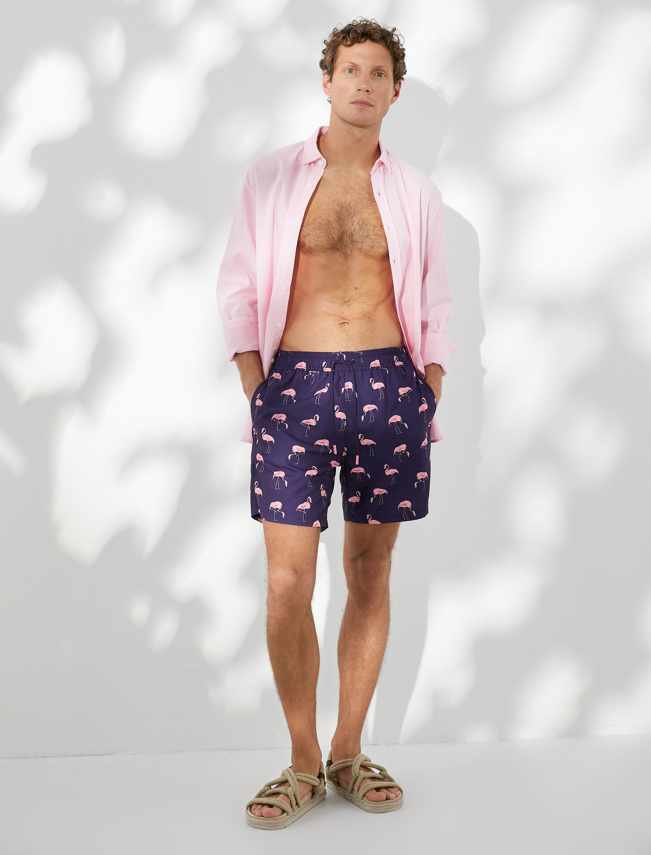   Deniz Şortu Flamingo Baskılı Beli Bağcıklı Cepli