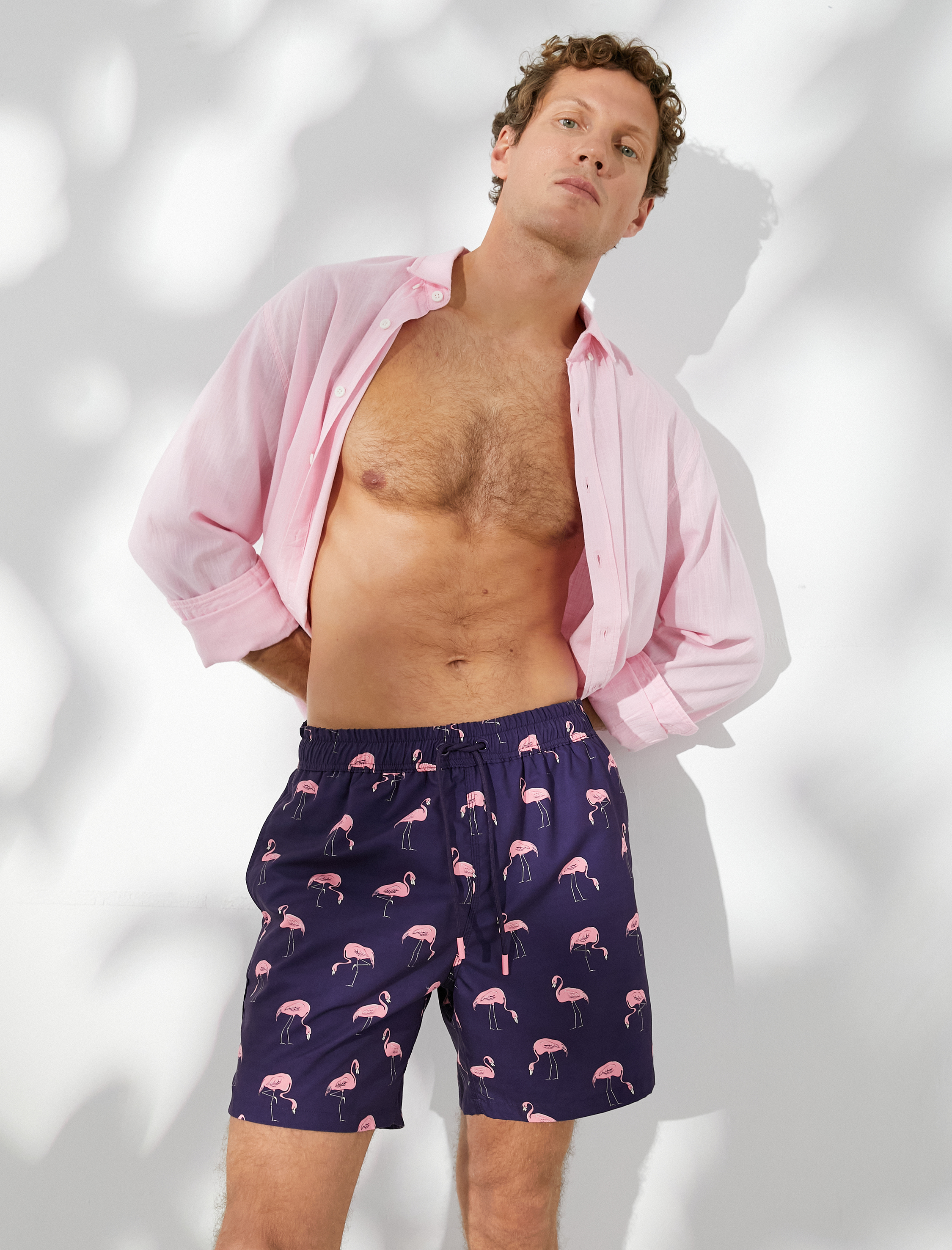   Deniz Şortu Flamingo Baskılı Beli Bağcıklı Cepli