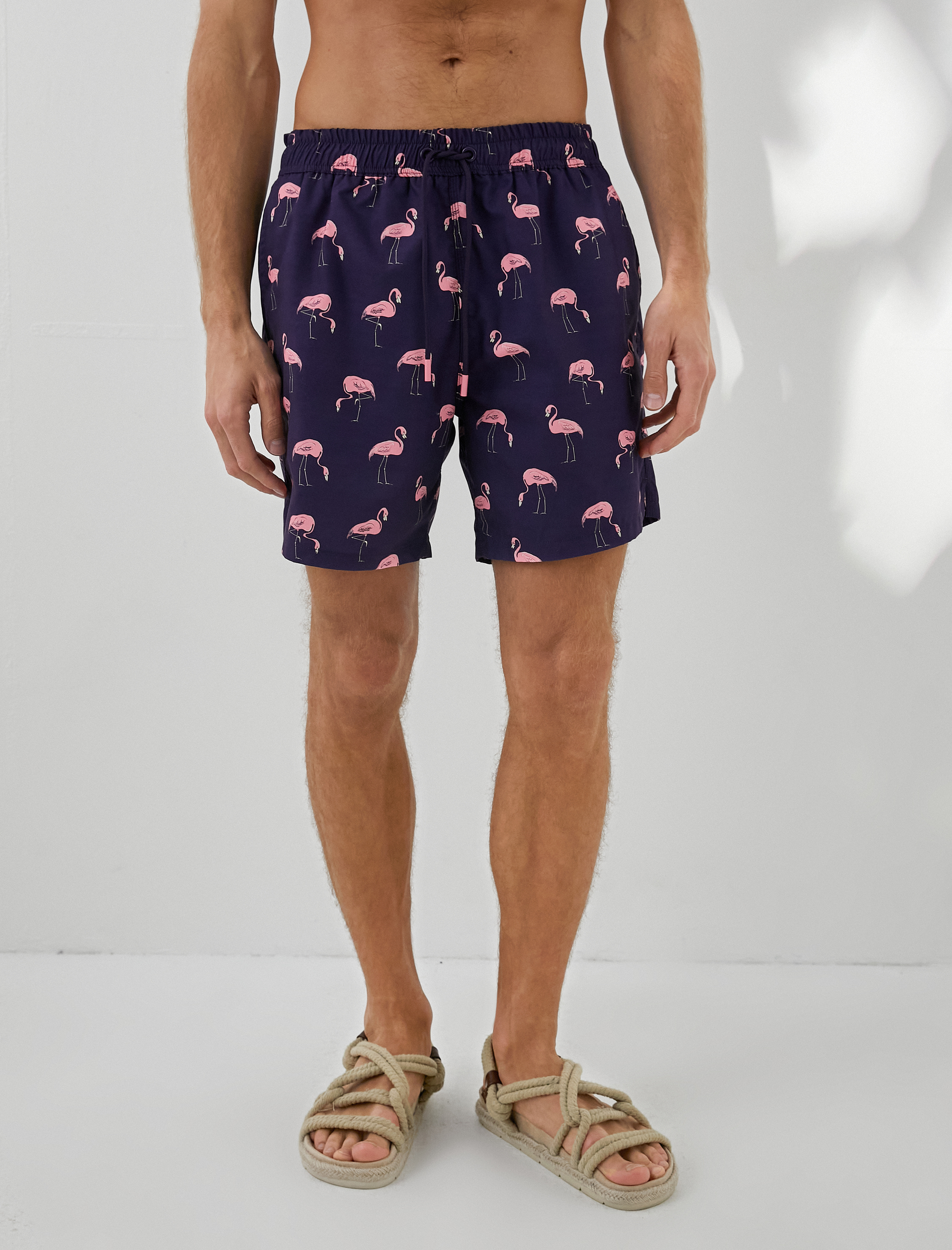   Deniz Şortu Flamingo Baskılı Beli Bağcıklı Cepli