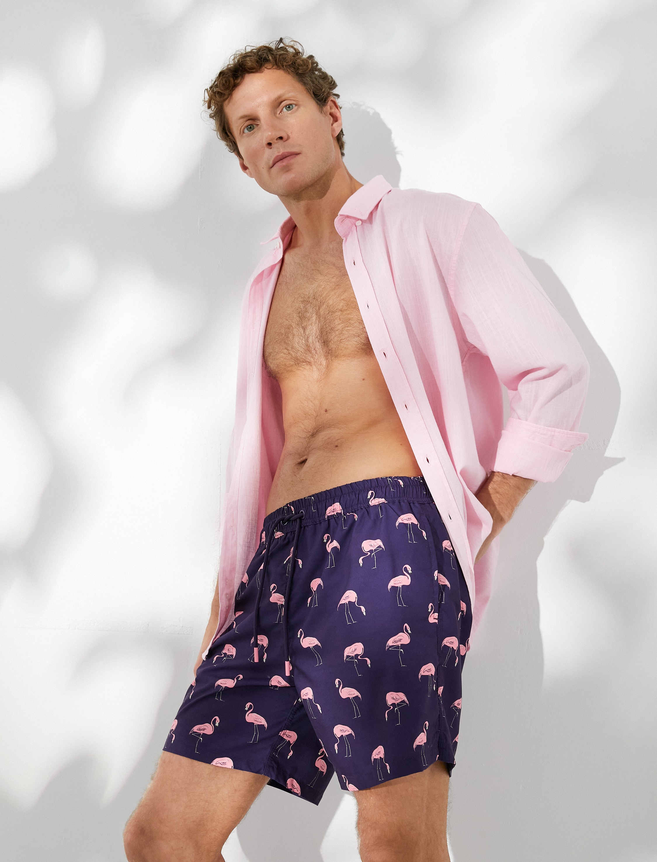   Deniz Şortu Flamingo Baskılı Beli Bağcıklı Cepli