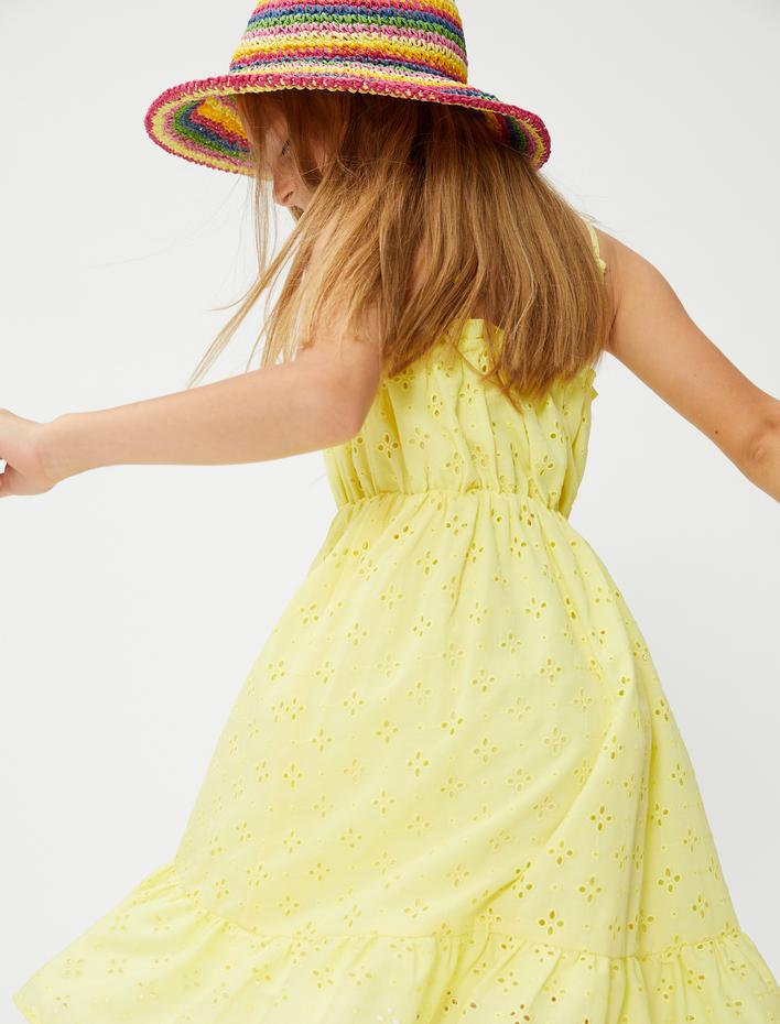 Kız Çocuk Elbise Çiçekli Fistolu İnce Askılı Midi Boy Astarlı