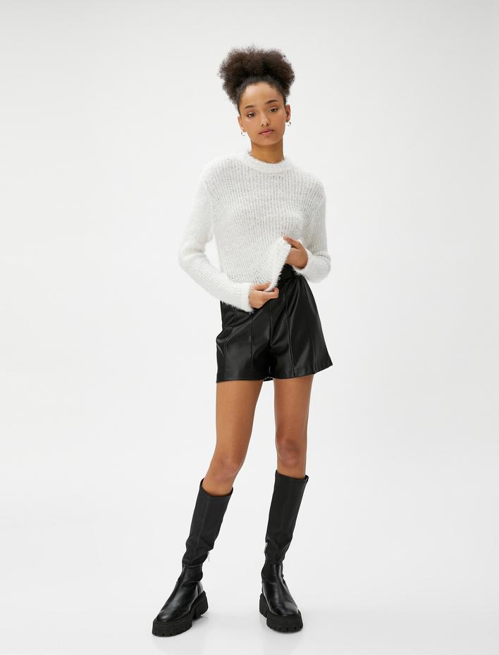  Peluş Kazak Yuvarlak Dik Yaka Uzun Kollu