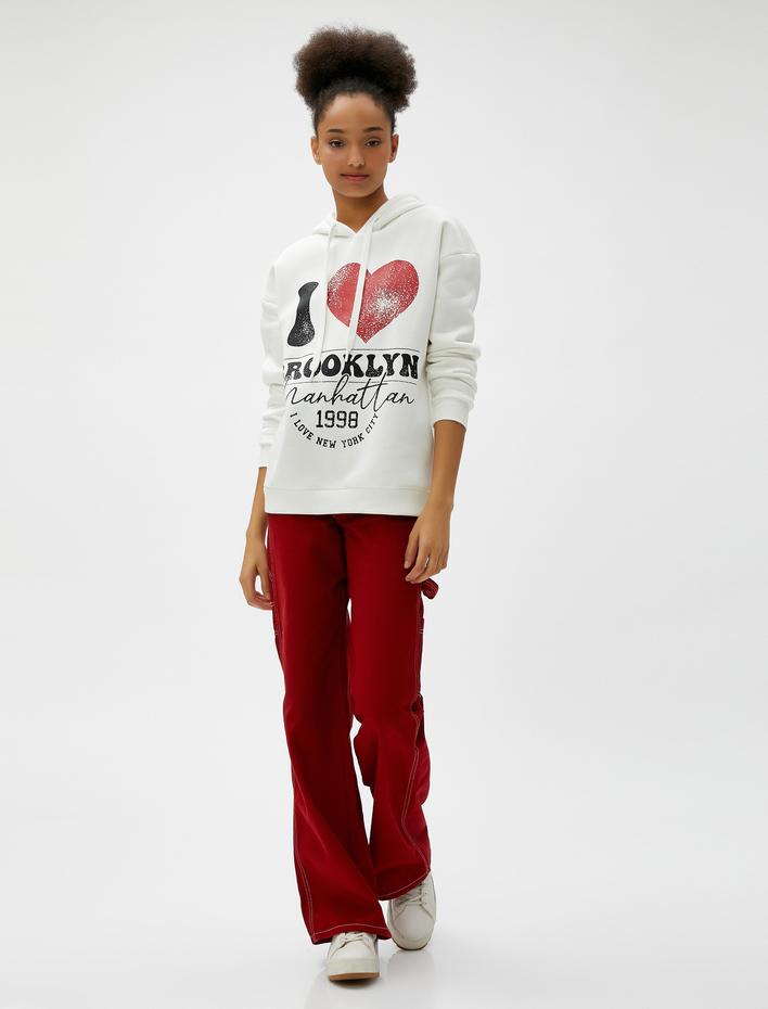  Şardonlu Kapüşonlu Oversize Sweatshirt Kolej Baskılı Ribanalı