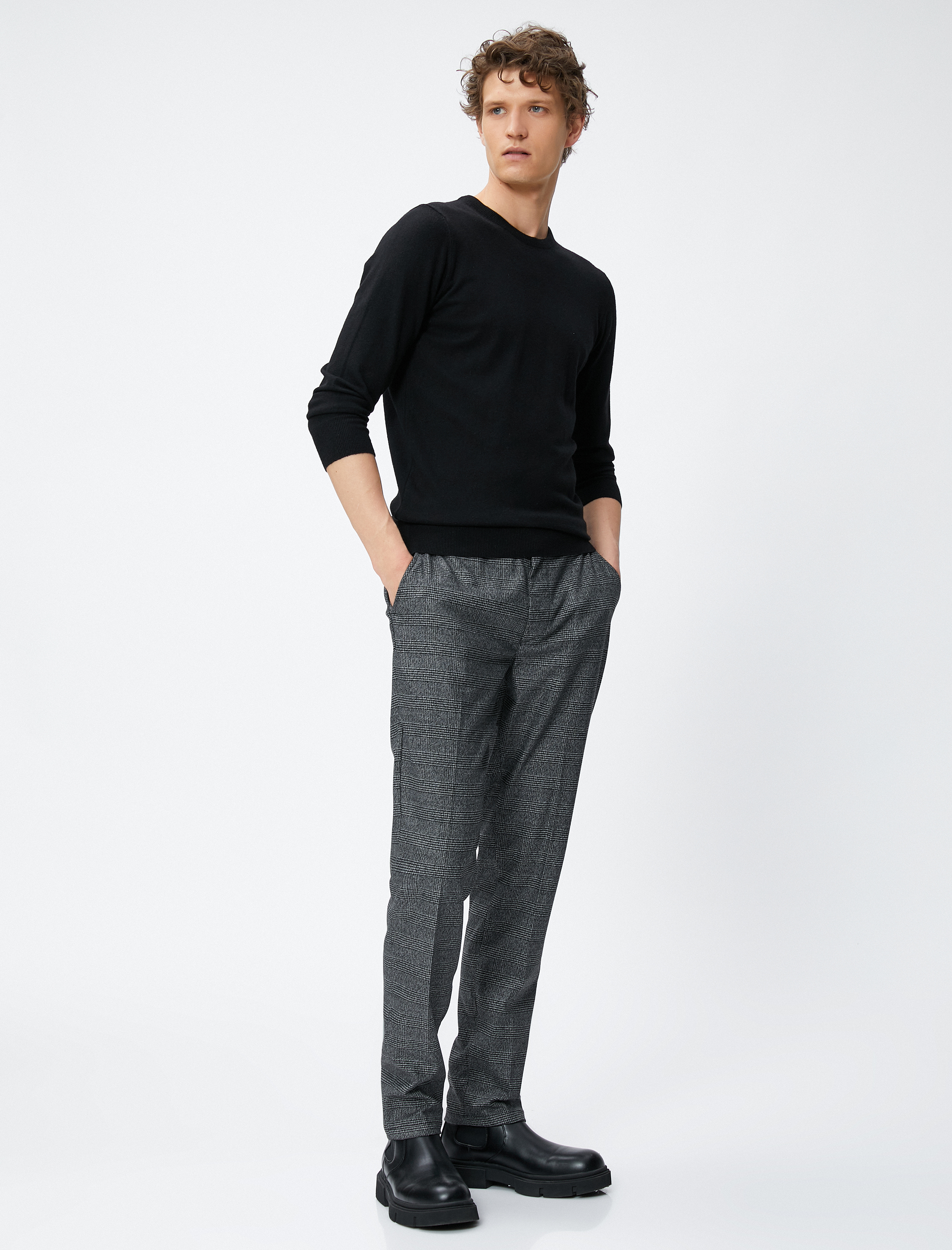   Kareli Pantolon Düğme Detaylı Cepli Viskon Karışımlı