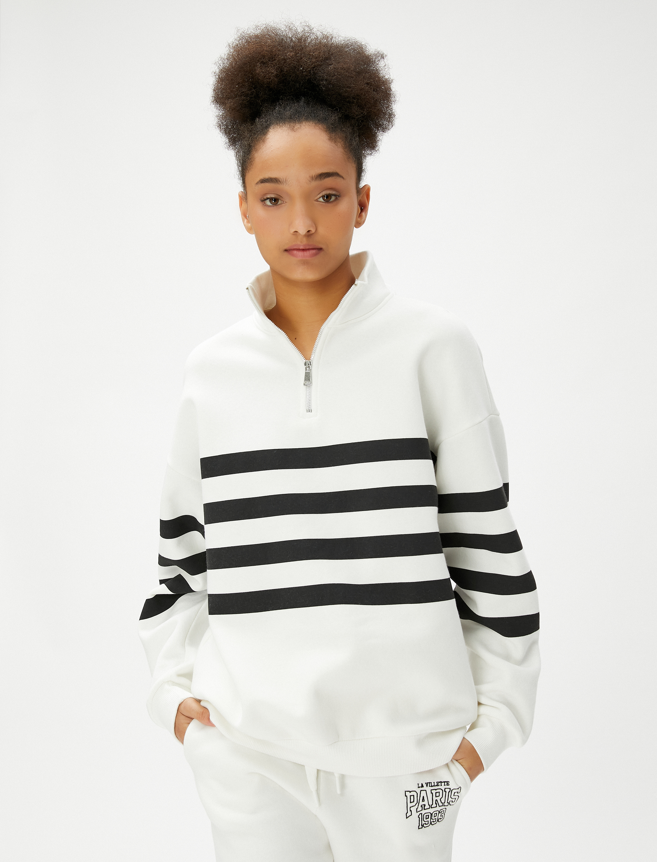   Şardonlu Yarım Fermuarlı Sweatshirt Dik Yaka Ribanalı