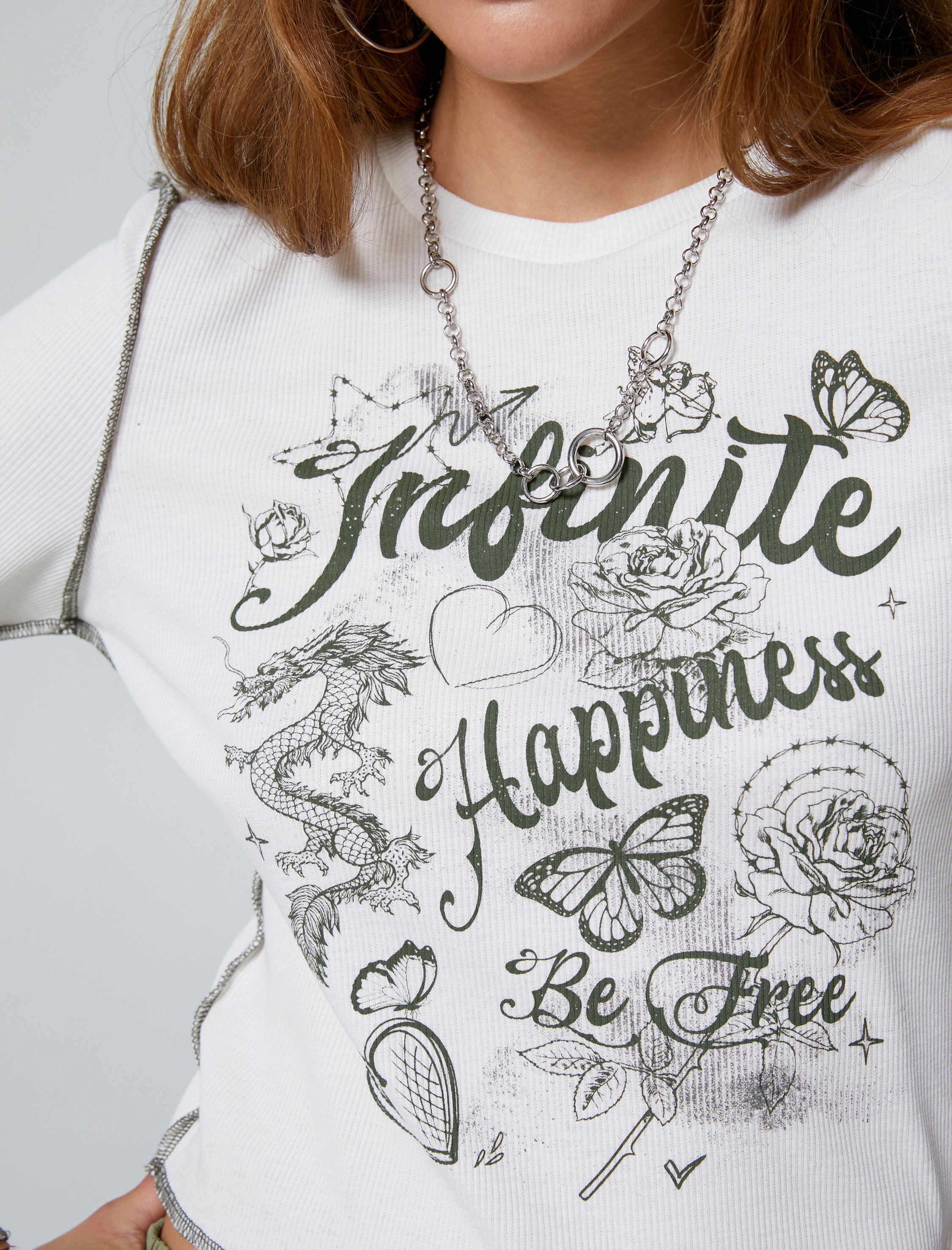   Uzun Kollu Tişört Baskılı Bisiklet Yaka Fitilli