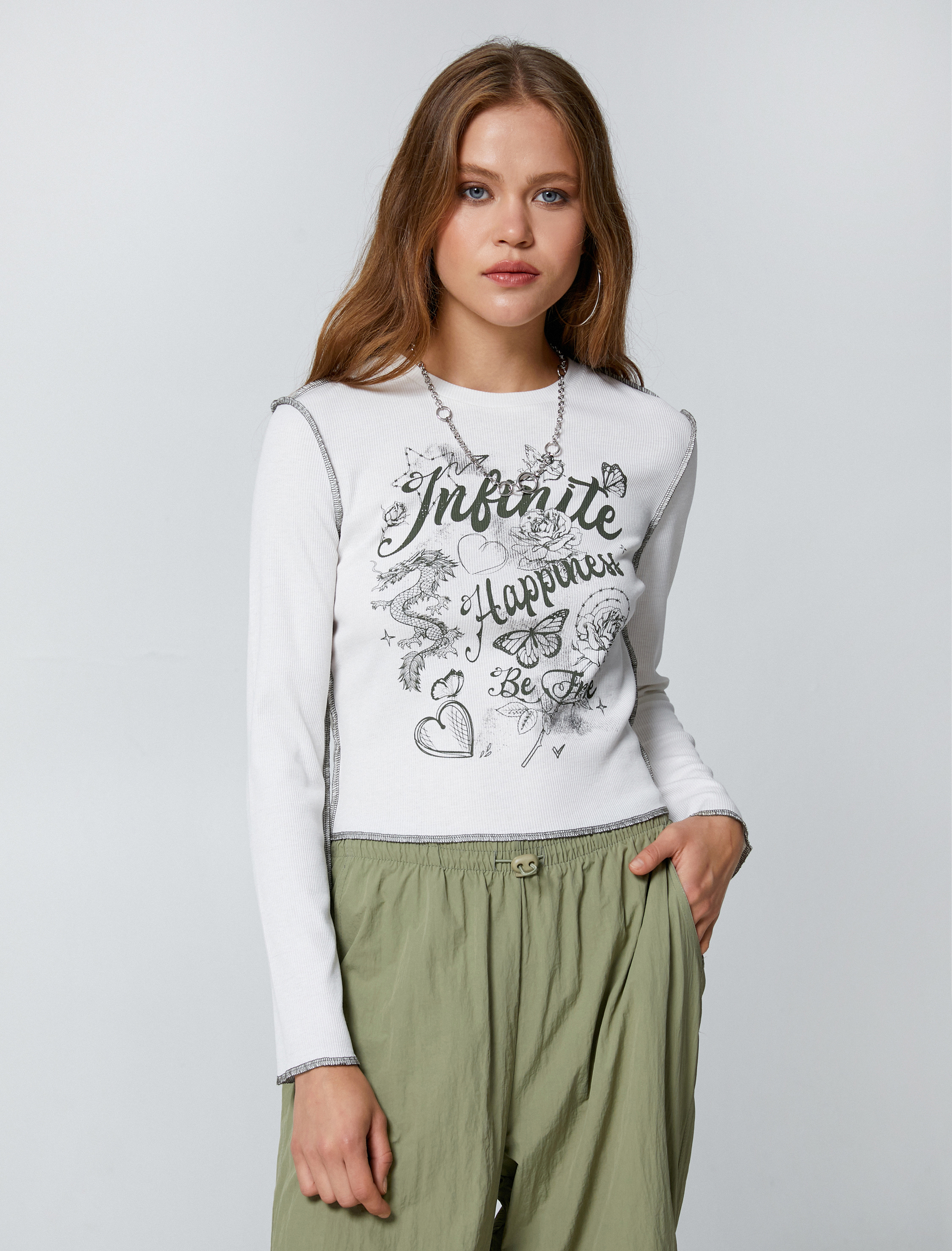   Uzun Kollu Tişört Baskılı Bisiklet Yaka Fitilli