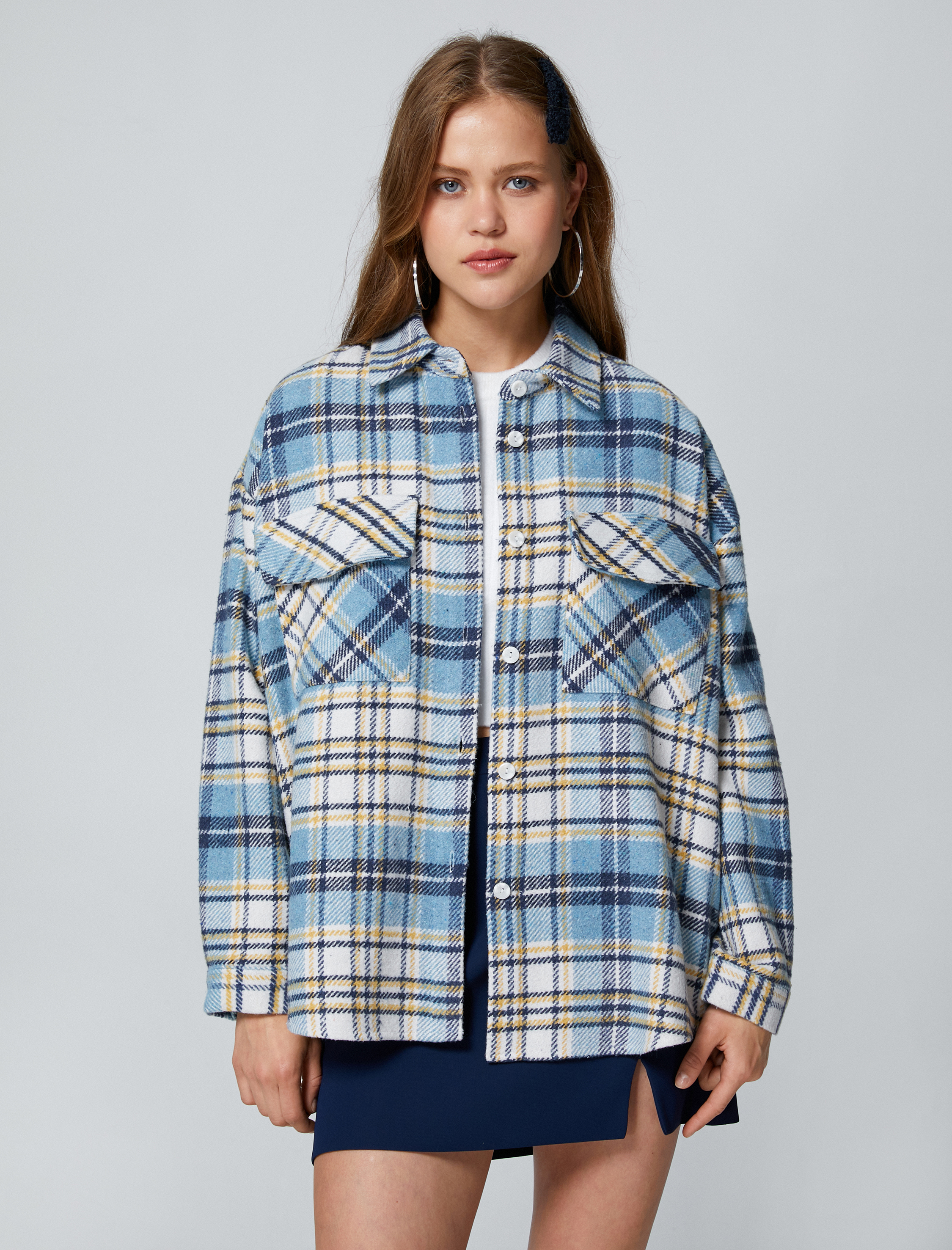   Oversize Oduncu Gömlek Ceket Çift Cep Detaylı Düğmeli