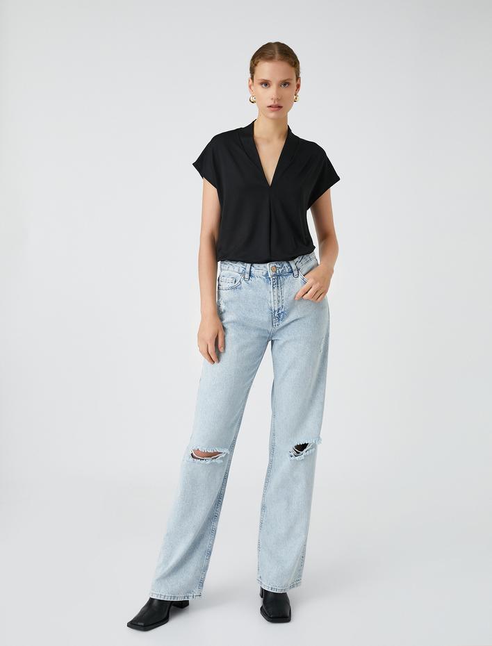  V Yaka Bluz Kısa Kollu