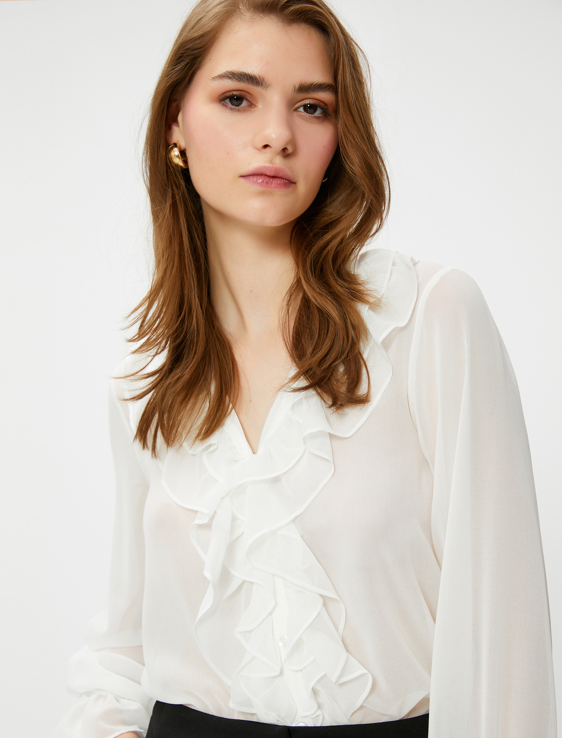   Şifon Gömlek Uzun Kollu Fırfırlı