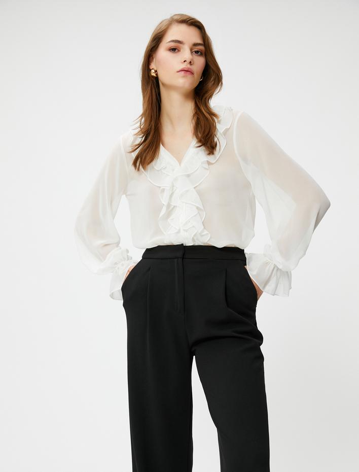  Şifon Gömlek Uzun Kollu Fırfırlı