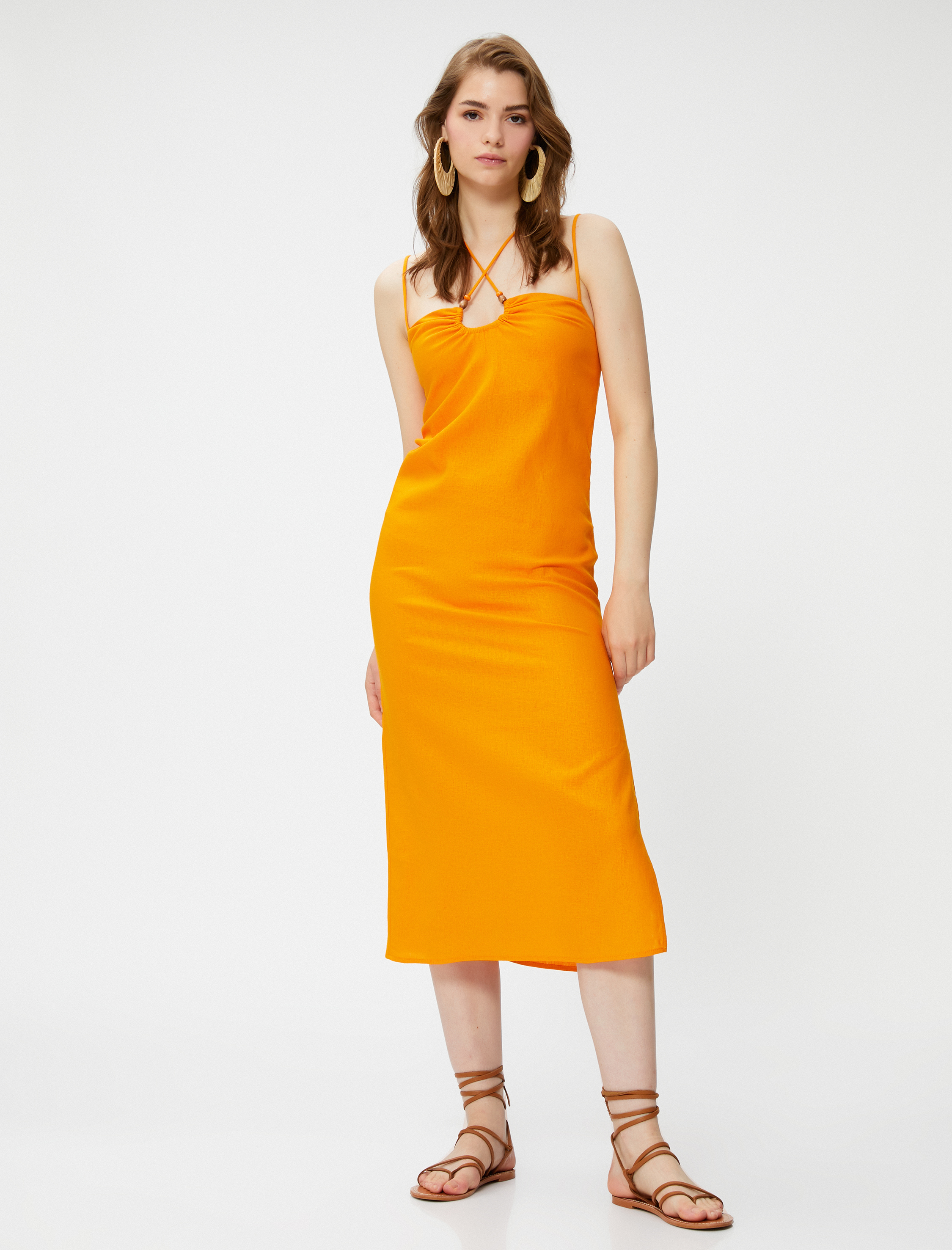   Keten Elbise Midi Boy Askılı Boncuk Detaylı