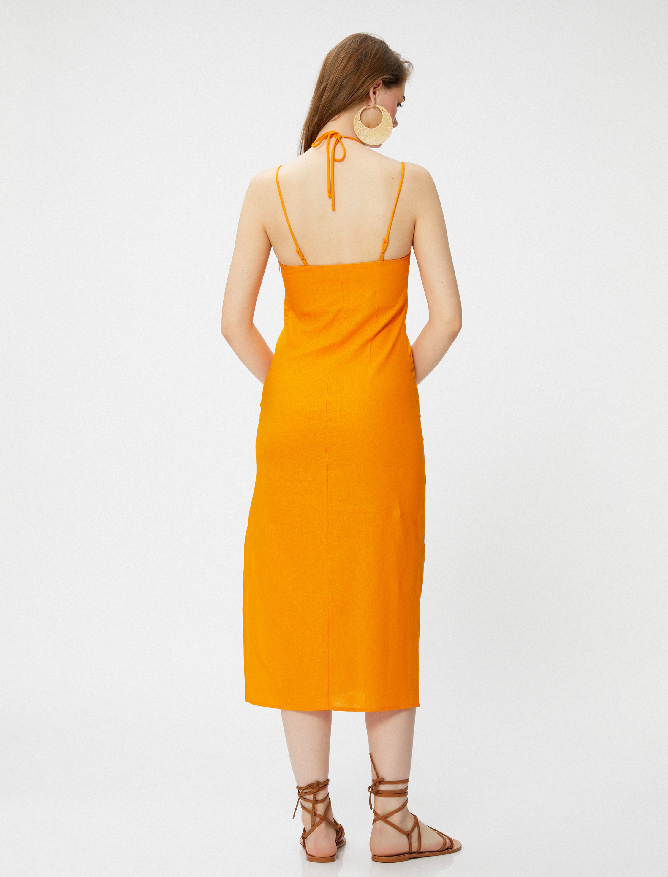   Keten Elbise Midi Boy Askılı Boncuk Detaylı