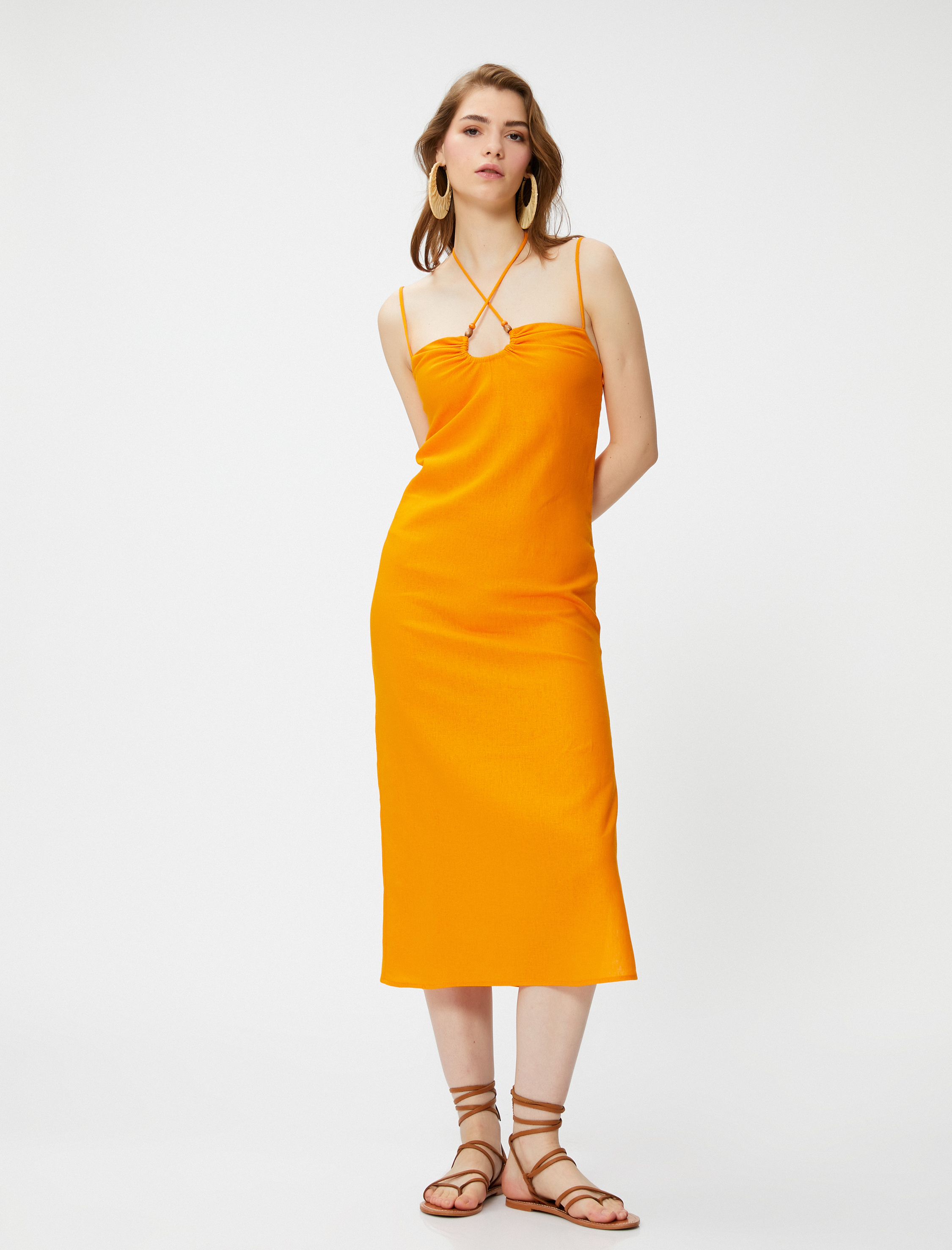   Keten Elbise Midi Boy Askılı Boncuk Detaylı