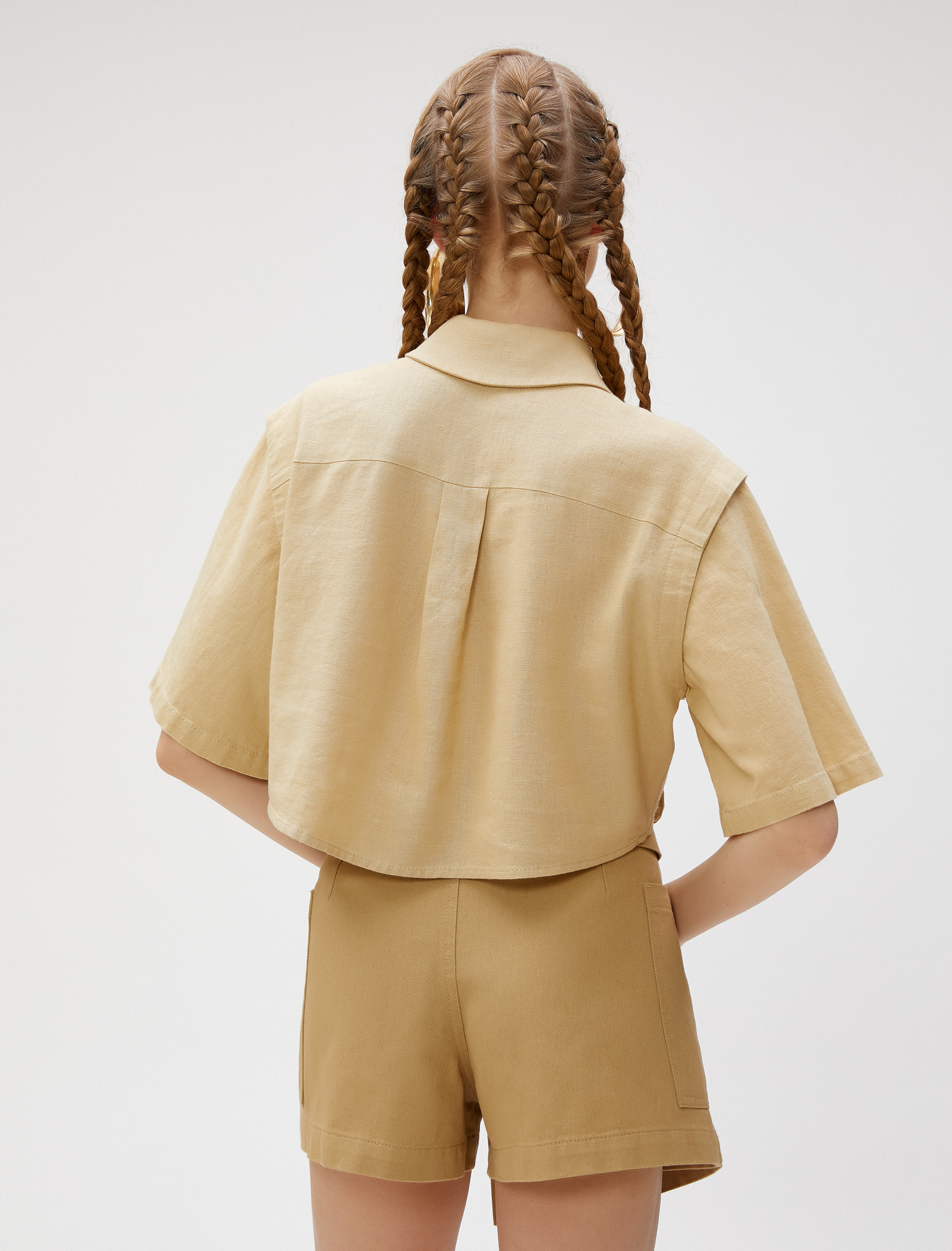 Crop Gömlek Keten Karışımlı Kargo Cepli Kısa Kollu