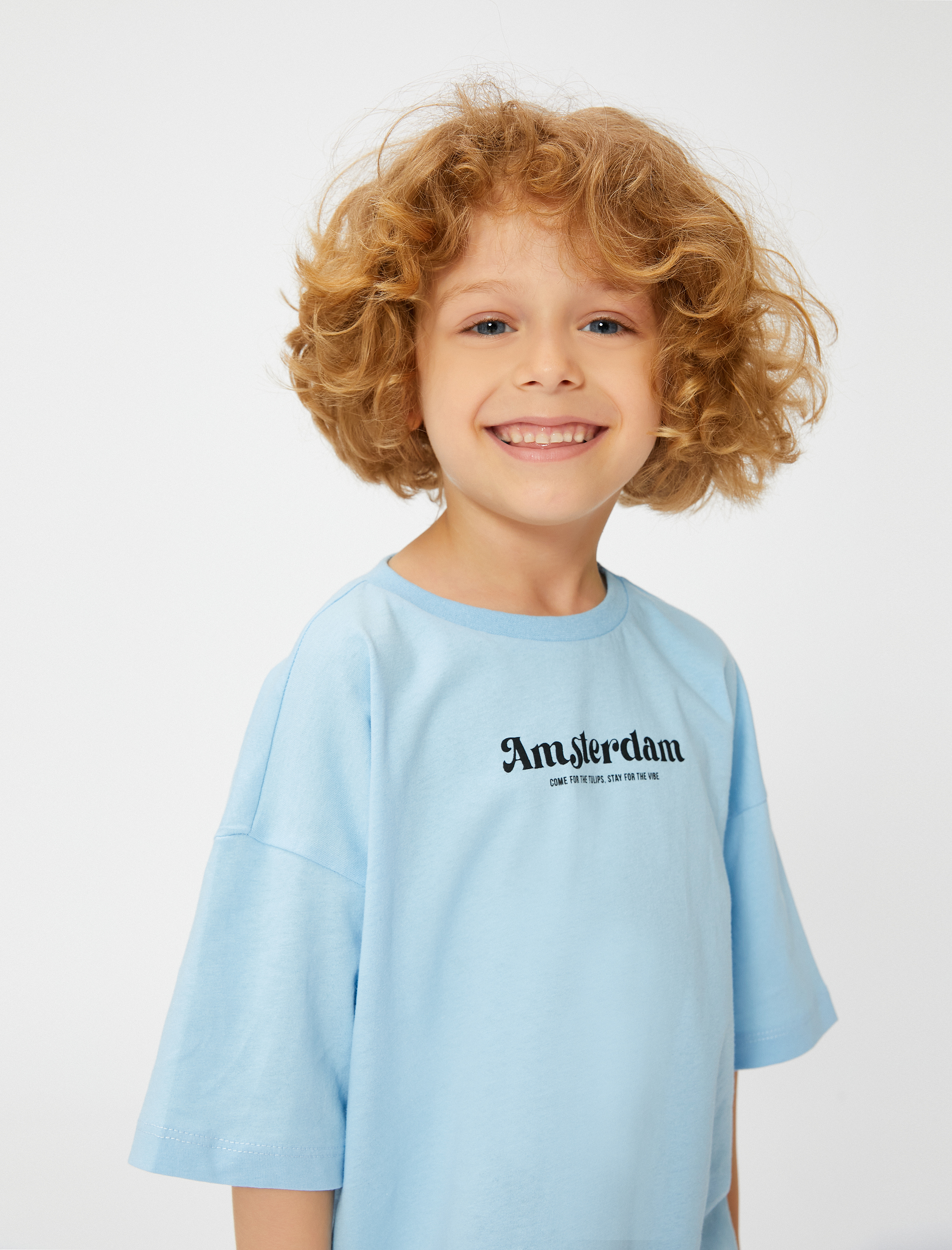  Erkek Çocuk Oversize Tişört Amsterdam Baskılı Kısa Kollu Bisiklet Yaka Pamuklu