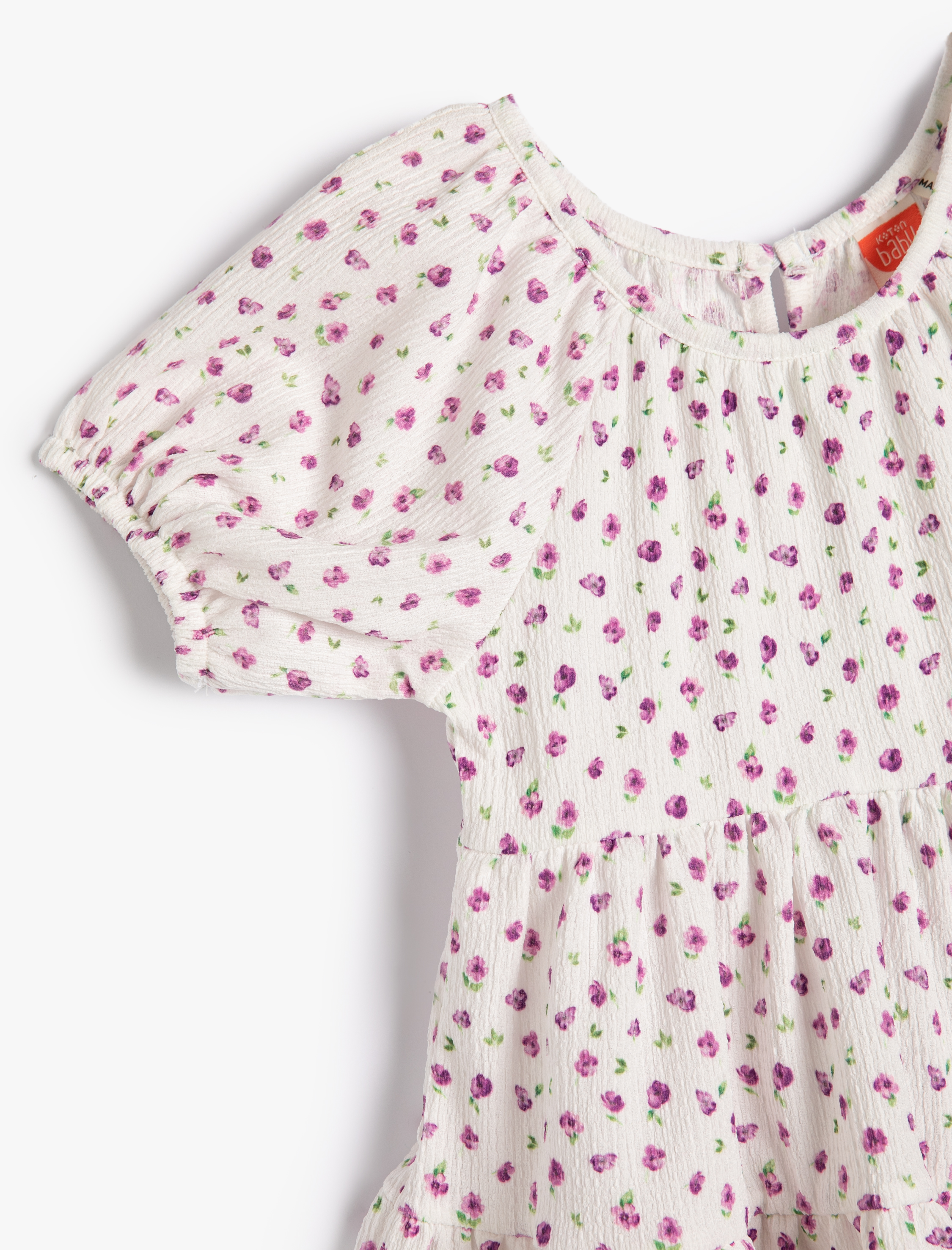  Kız Bebek Çiçekli Elbise Kısa Balon Kollu Yuvarlak Yaka Katlı