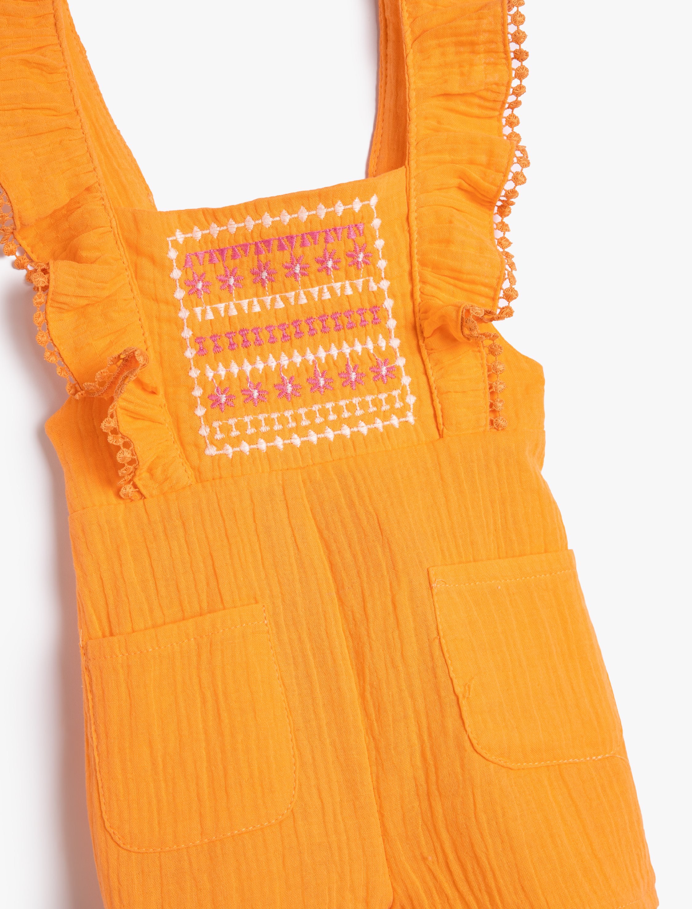  Kız Bebek Fırfırlı Tulum Kolsuz İşlemeli Cep Detaylı