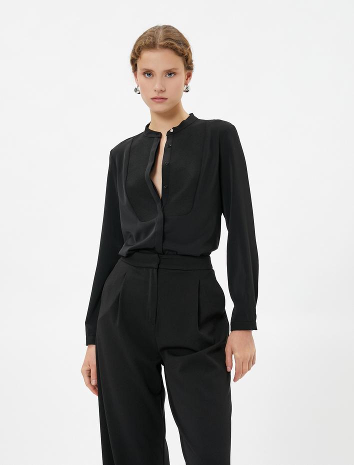  Hakim Yaka Gömlek Uzun Kollu Kumaş Detaylı