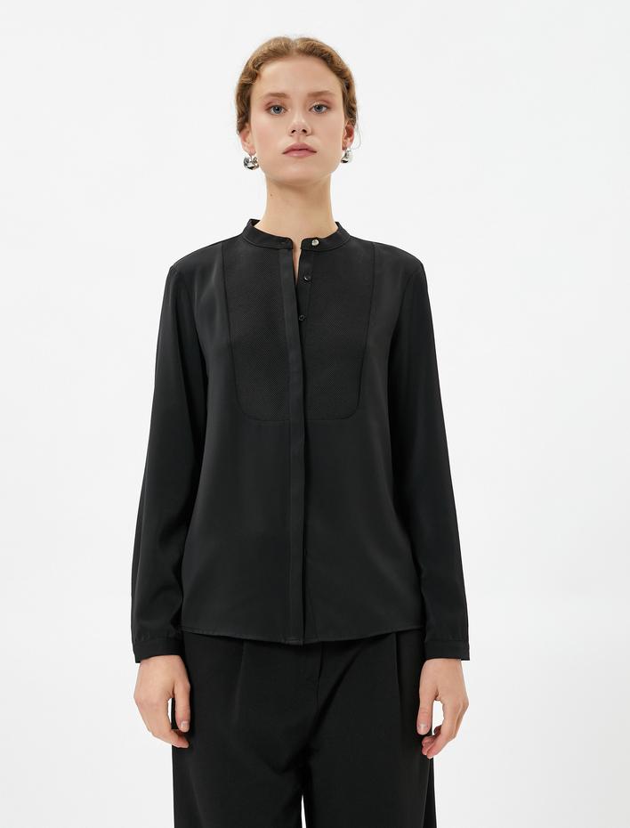  Hakim Yaka Gömlek Uzun Kollu Kumaş Detaylı