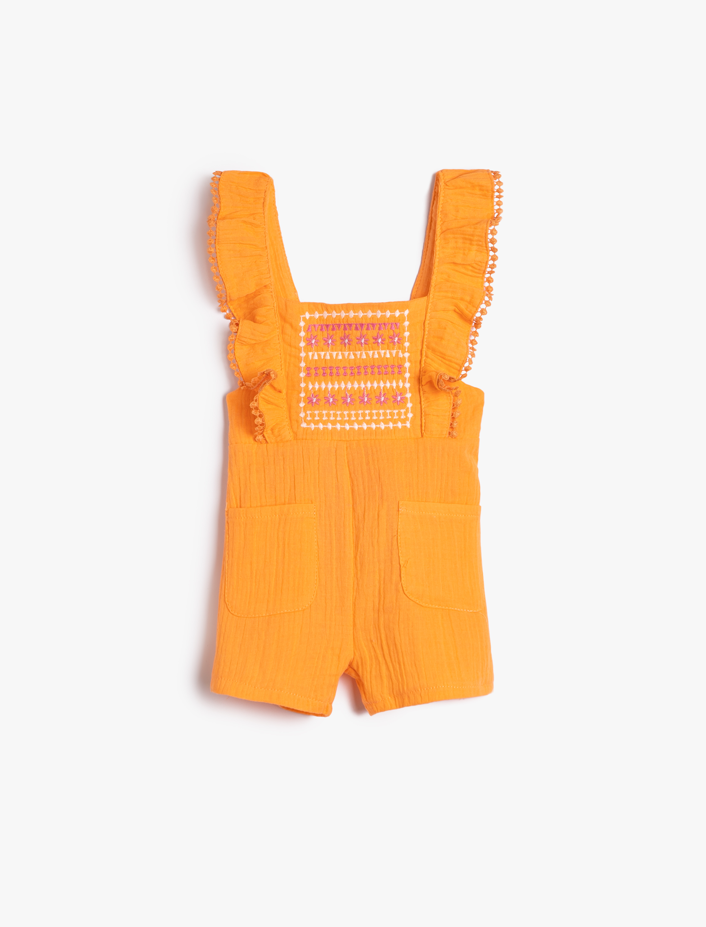  Kız Bebek Fırfırlı Tulum Kolsuz İşlemeli Cep Detaylı