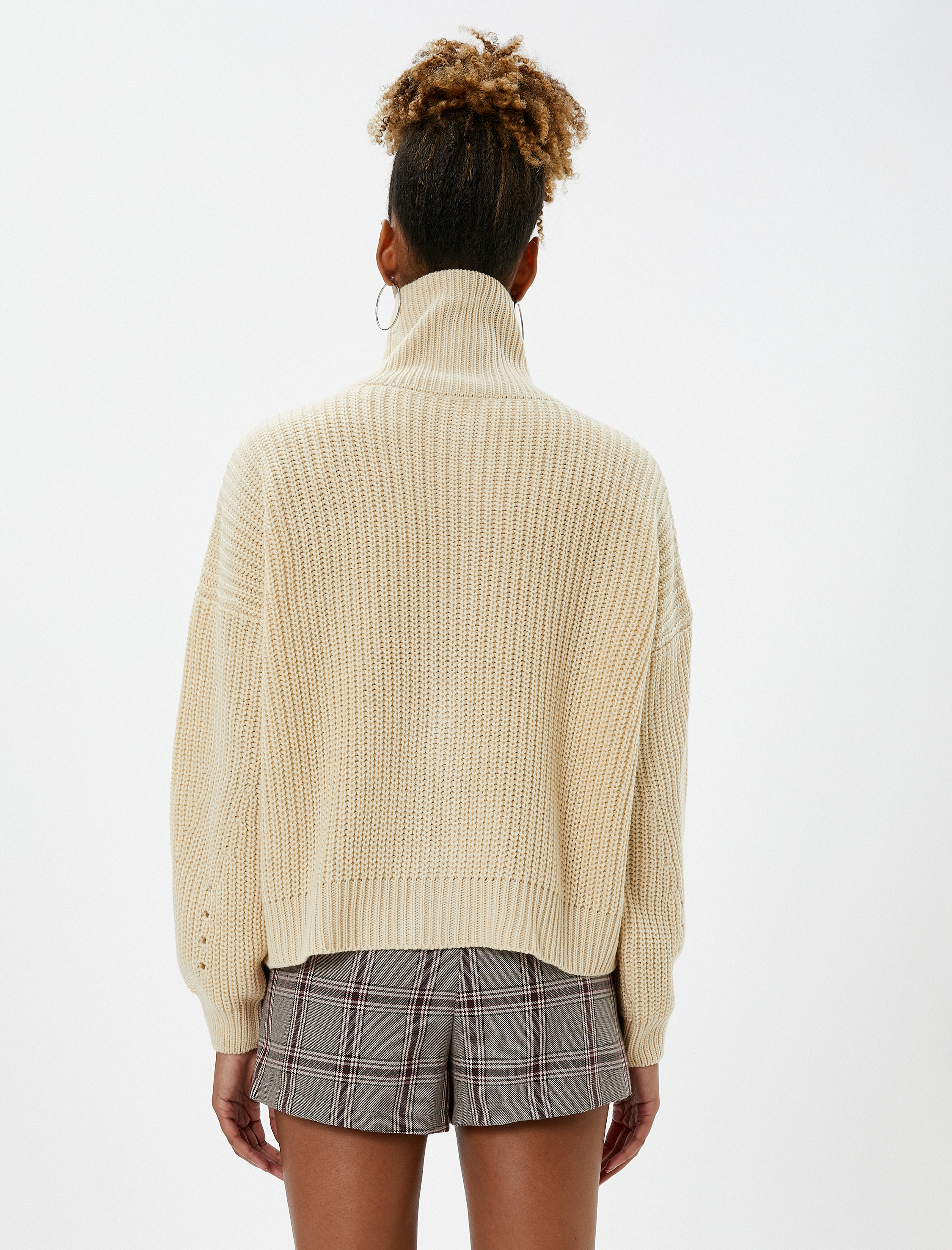   Fermuarlı Hırka Dik Yaka Örgü Ribanalı Uzun Kollu