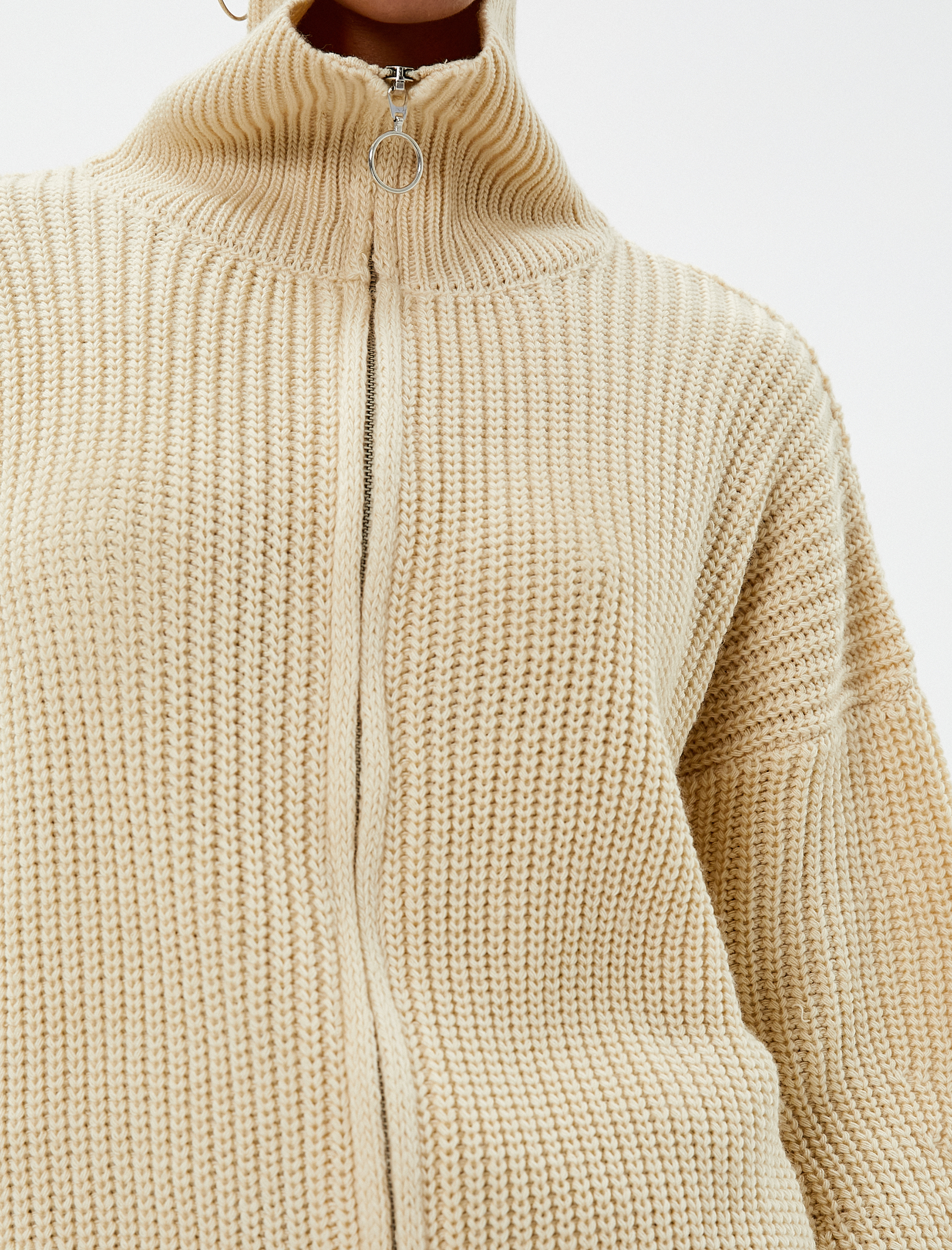   Fermuarlı Hırka Dik Yaka Örgü Ribanalı Uzun Kollu