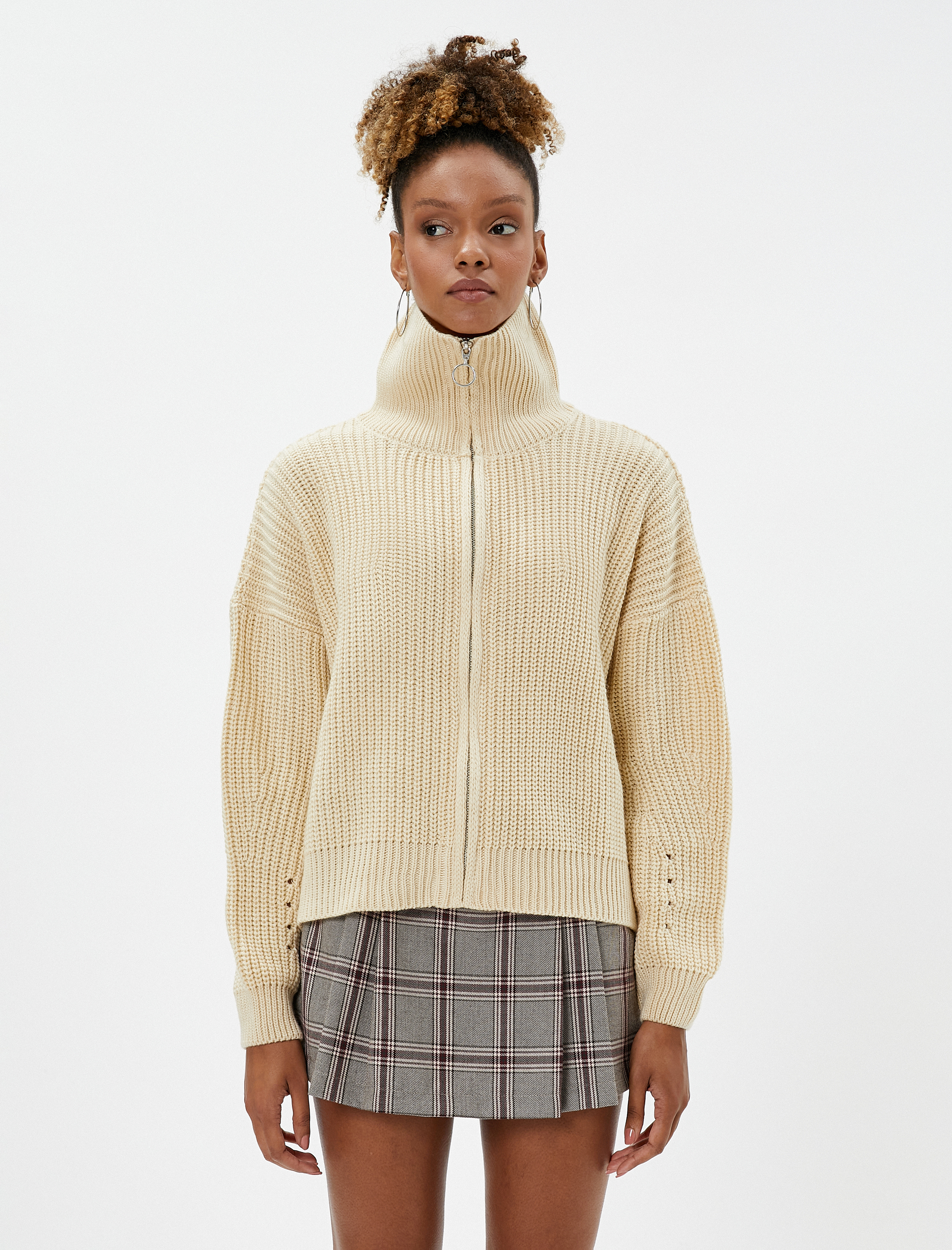   Fermuarlı Hırka Dik Yaka Örgü Ribanalı Uzun Kollu