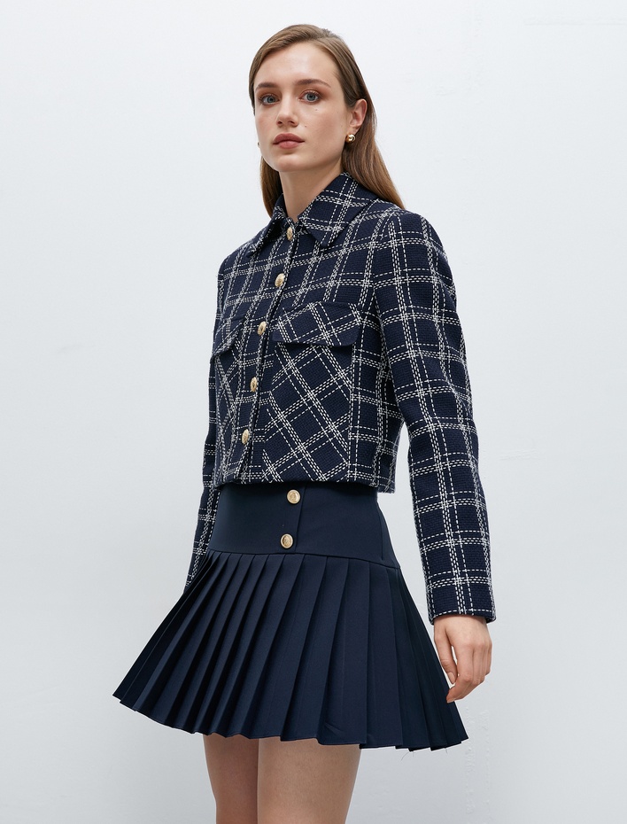  Pileli Mini Etek Düğme Detaylı