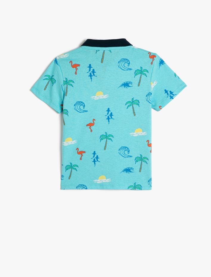 Erkek Çocuk Polo Tişört Kısa Kollu Düğmeli Palmiye Baskılı Pamuklu