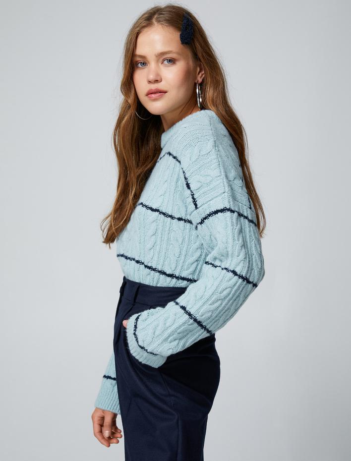  Bisiklet Yaka Triko Kazak Saç Örgüsü Motifli Ribanalı