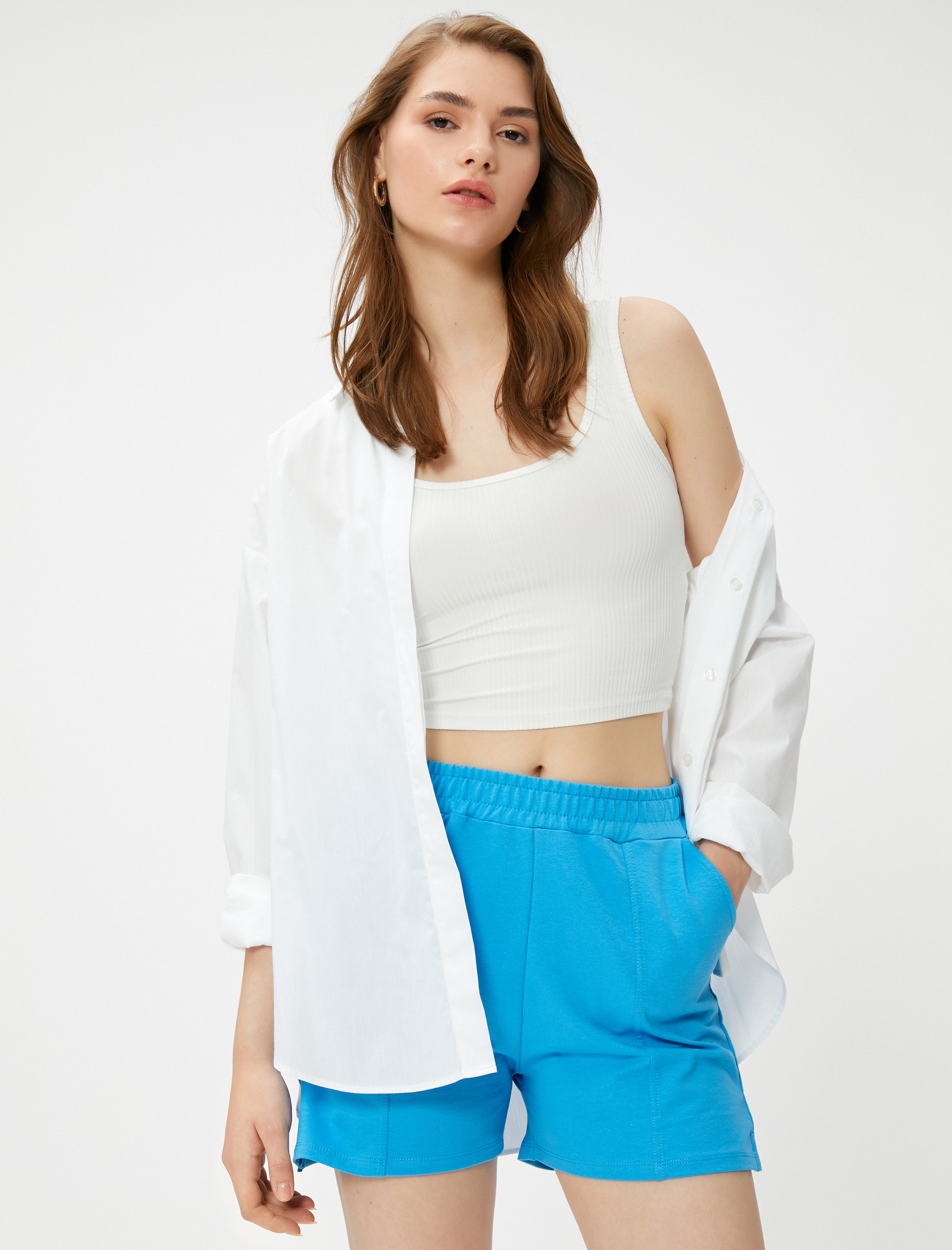   Nervürlü Rahat Kısa Şort Beli Lastikli