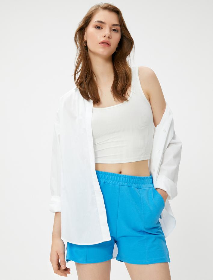  Nervürlü Rahat Kısa Şort Beli Lastikli