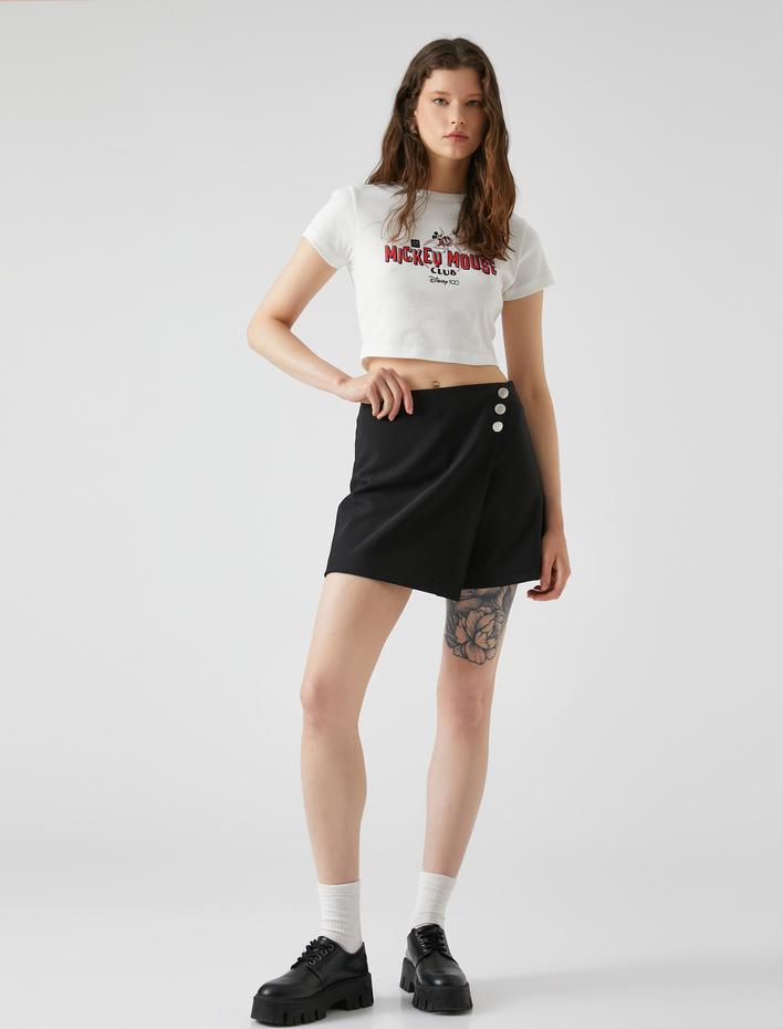  Mickey Mouse Tişört Crop Bisiklet Yaka Kısa Kollu Baskılı