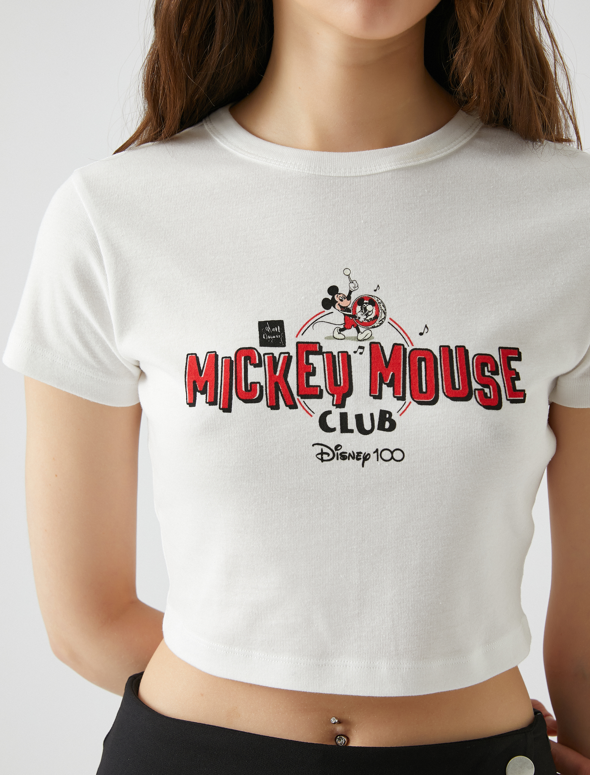   Mickey Mouse Tişört Crop Bisiklet Yaka Kısa Kollu Baskılı