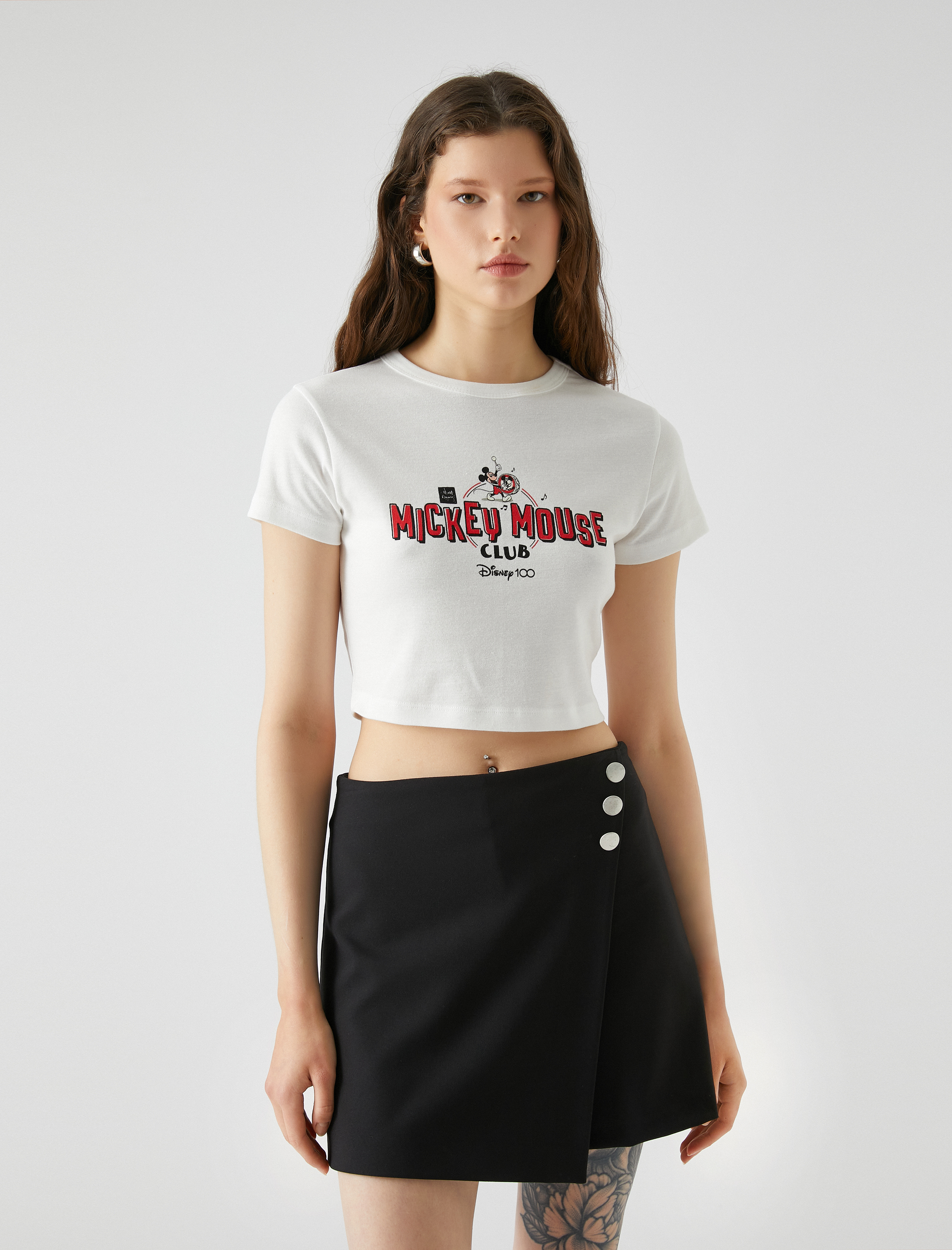   Mickey Mouse Tişört Crop Bisiklet Yaka Kısa Kollu Baskılı