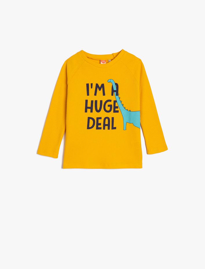 Erkek Bebek Dinozorlu Tişört Uzun Kollu Bisiklet Yaka Dokulu Pamuklu