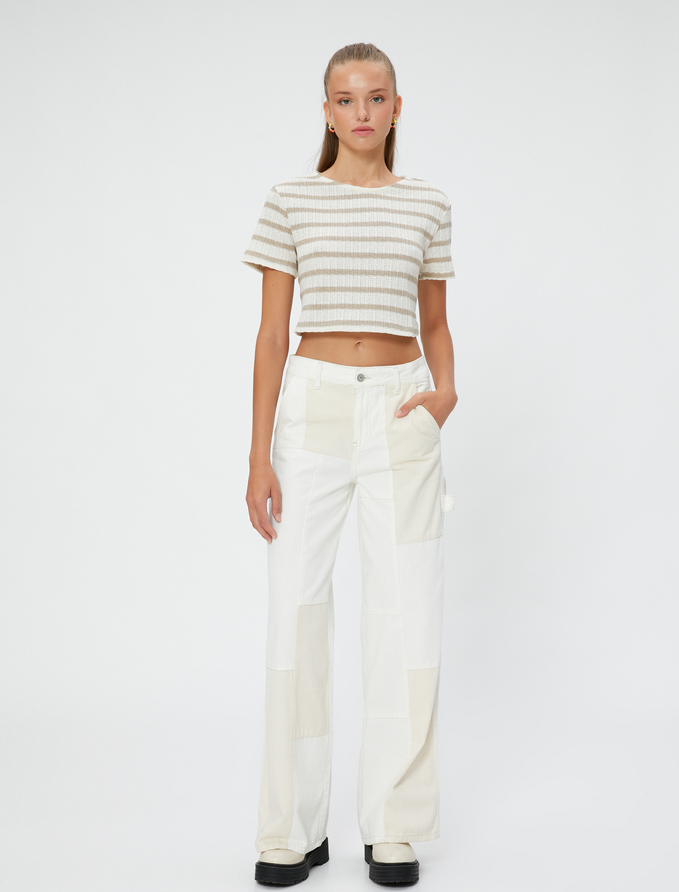   Crop Tişört Kısa Kollu Bisiklet Yaka Dokulu