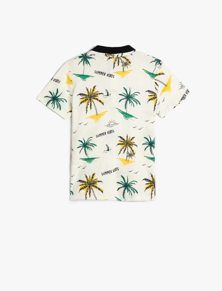 Erkek Çocuk Polo Tişört Kısa Kollu Düğmeli Palmiye Baskılı Pamuklu