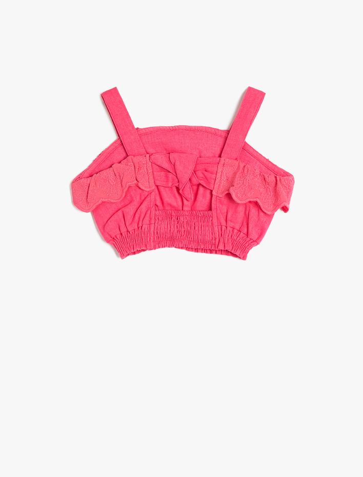 Kız Bebek Keten Crop Bluz Slim Askılı Beli Lastikli Fırfırlı