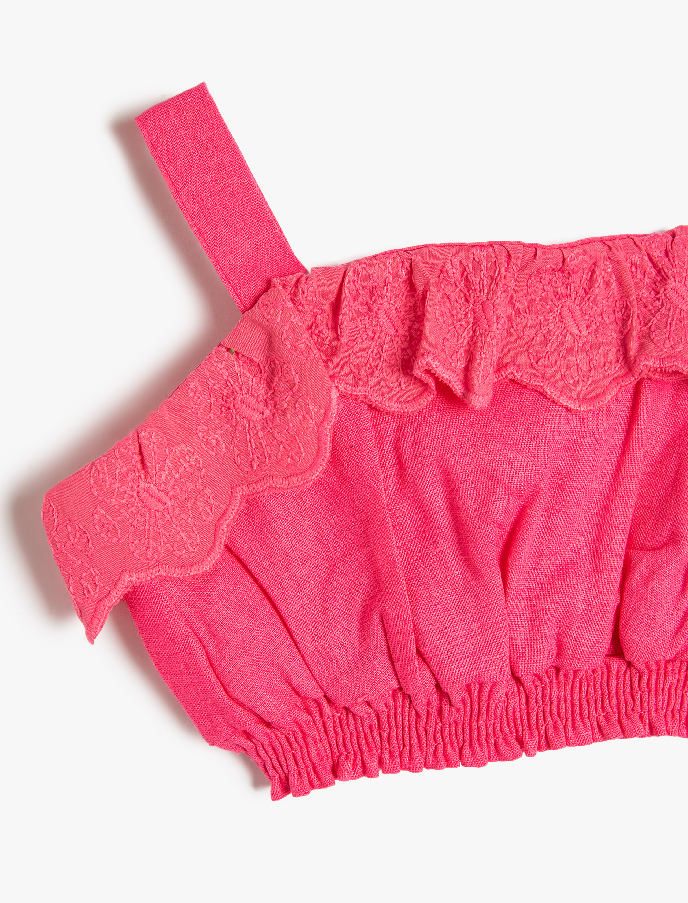  Kız Bebek Keten Crop Bluz Slim Askılı Beli Lastikli Fırfırlı