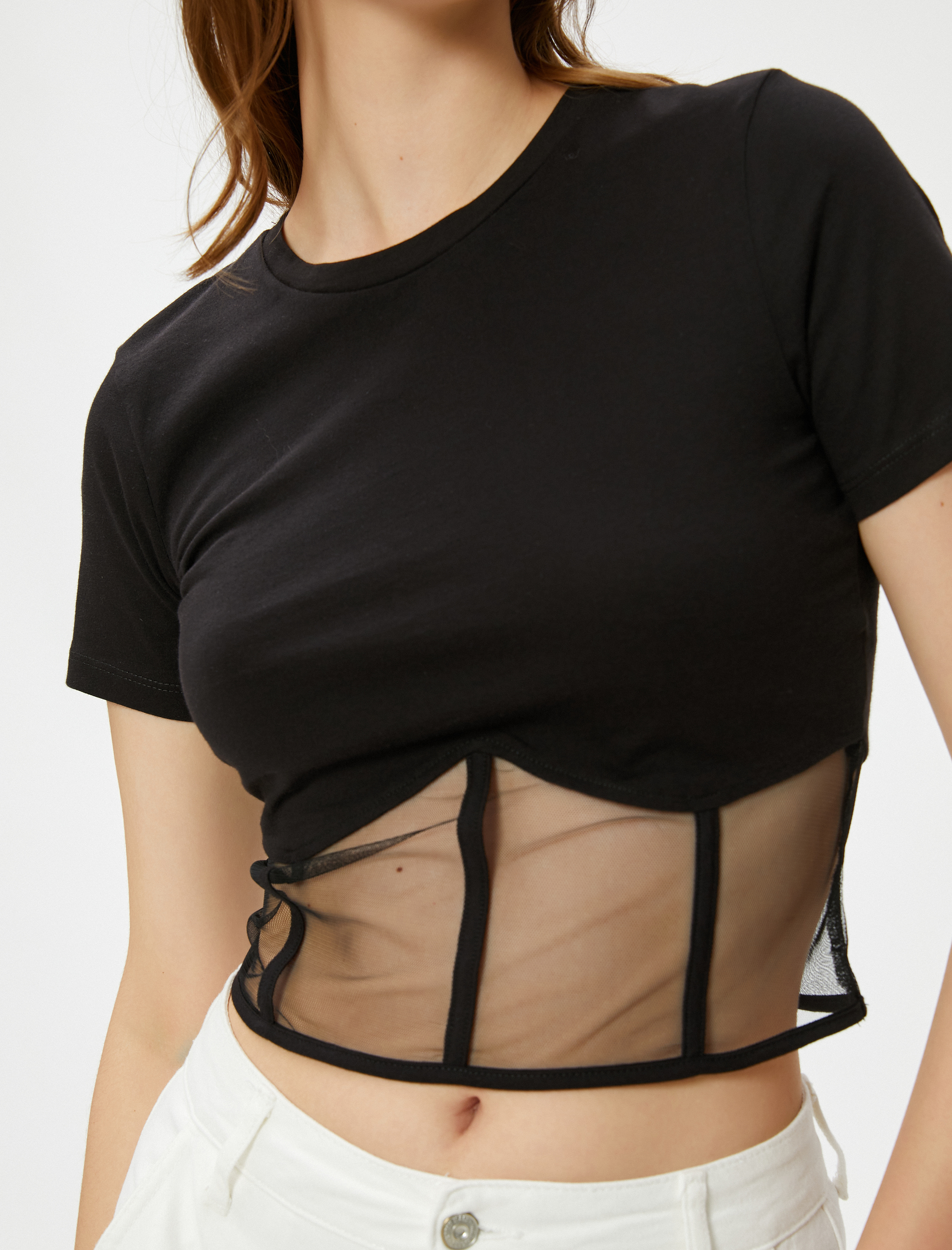   Crop Tişört Korse ve Tül Detaylı