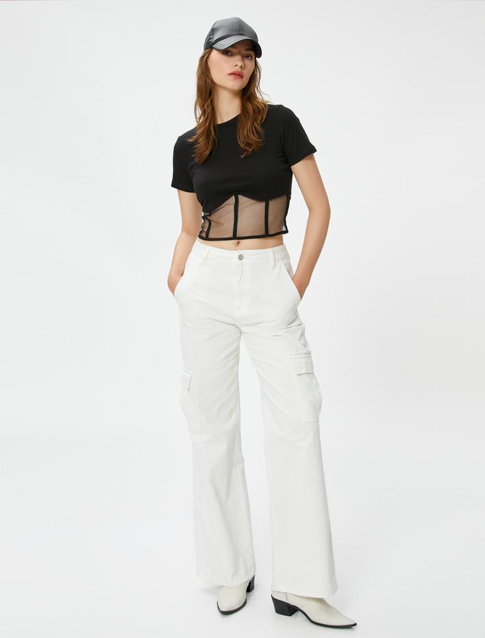  Crop Tişört Korse ve Tül Detaylı