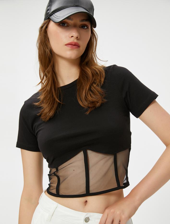  Crop Tişört Korse ve Tül Detaylı